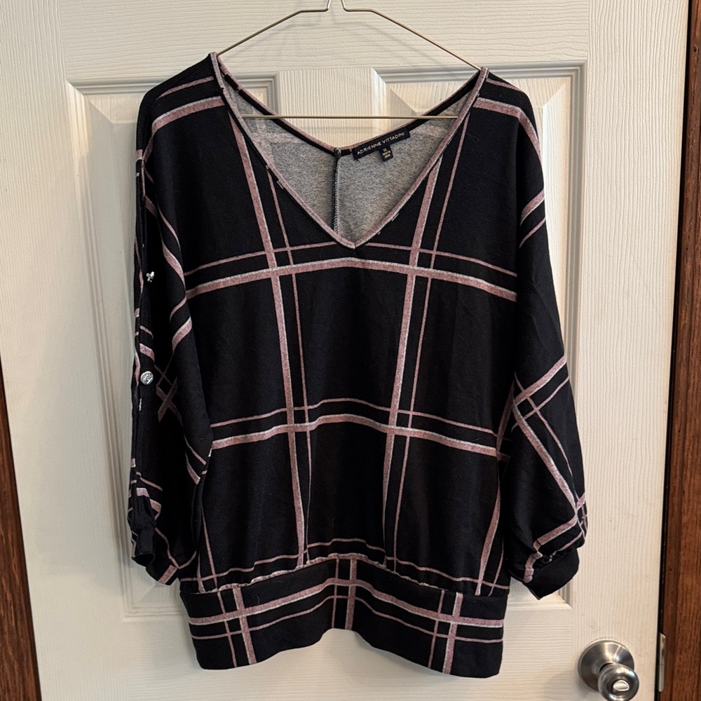 Adrienne Vittadini V-Neck Plaid Shirt with Pink Trim‎